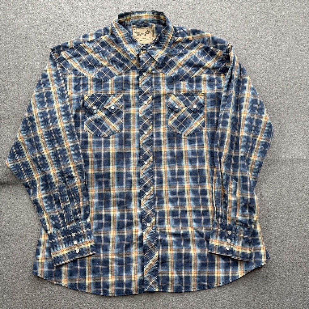 Wrangler Shirt Mens 3XL Blue Plaid Western Snap Long Sleeve Casual Cowboy